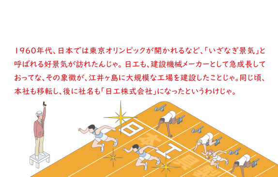 1960年代、日本では東京オリンピックが開かれるなど、「いざなぎ景気」と呼ばれる好景気が訪れたんじゃ。日工も、建設機械メーカーとして急成長しておってな、その象徴が、江井ヶ島に大規模な工場を建設したことじゃ。同じ頃、本社も移転し、後に社名も「日工株式会社 」になったというわけじゃ。